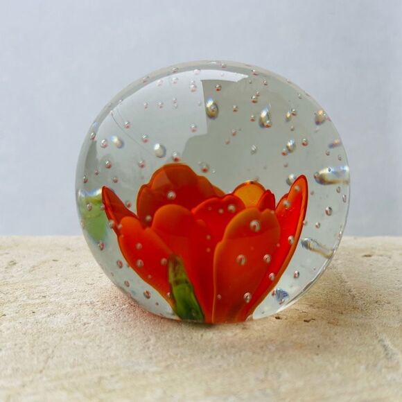 Vintage Orange Flower Bubble Clear Art Glass Round Paper Weight - Picture 7 of 16